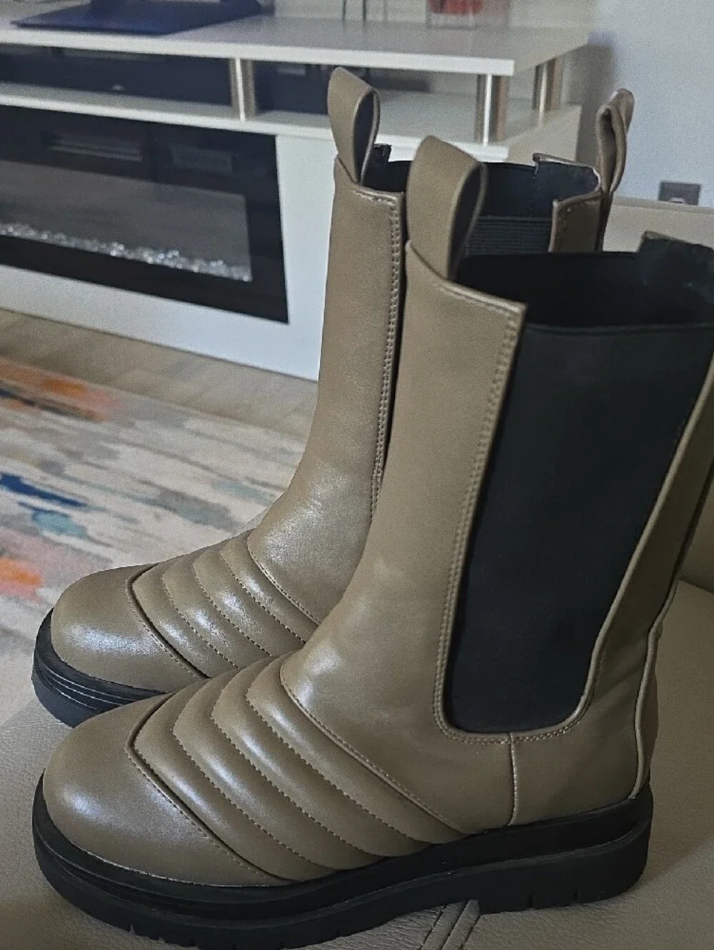 Ego Ayah Stitch Detail Mid Calf  Ankle Boots in Taupe